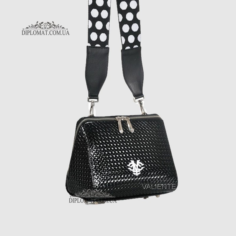 Сумка Женская VALIENTE 1025 Кожаная Маленькая Кросс боди Ремень кожаный LAK BLACK Черный
