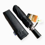 Зонт Автомат Три Слона 1732- Polyester BLACK Купол 3D Лаке Ручка прямая Кожаная Спицы Хромированная сталь  Черный